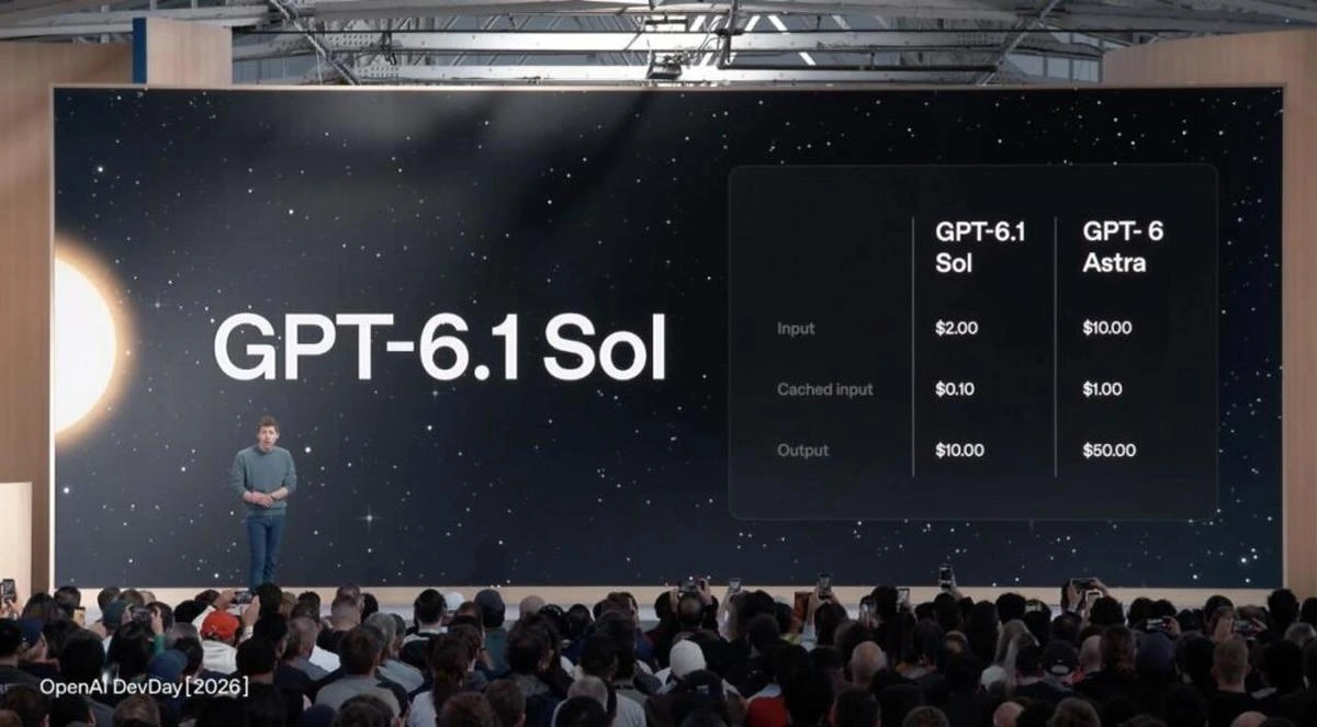 Etkinlik sahnesindeki ekranda GPT-6.1 Sol ve GPT-6 Astra adları