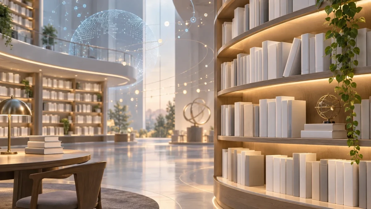 Dijital küre ve kitap raflarıyla tasvir edilen modern bir kütüphane