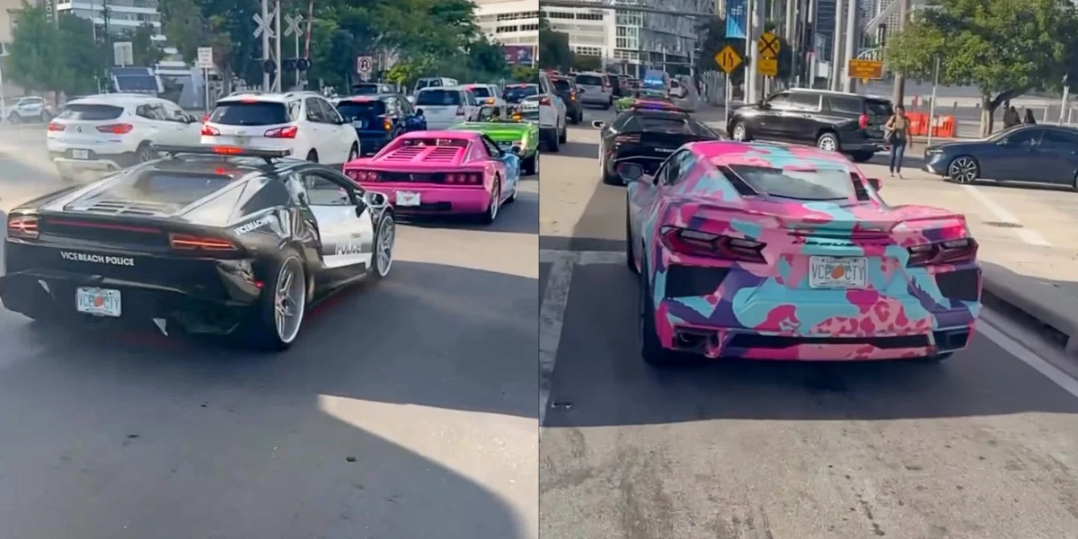 Miami’de trafikte ilerleyen, GTA 6’daki araçları andıran renkli otomobil konvoyu
