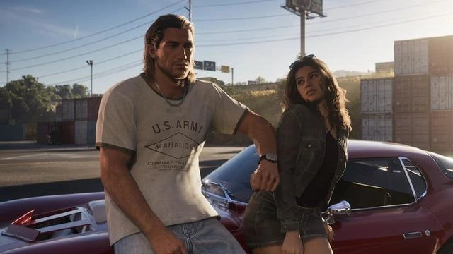 GTA 6 görselinde Jason ve Lucia kırmızı bir otomobilin yanında görülüyor.