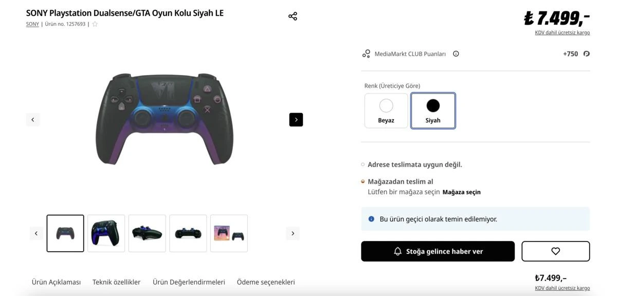 MediaMarkt ürün sayfasında 7.499 TL olarak listelenen siyah GTA 6 temalı DualSense