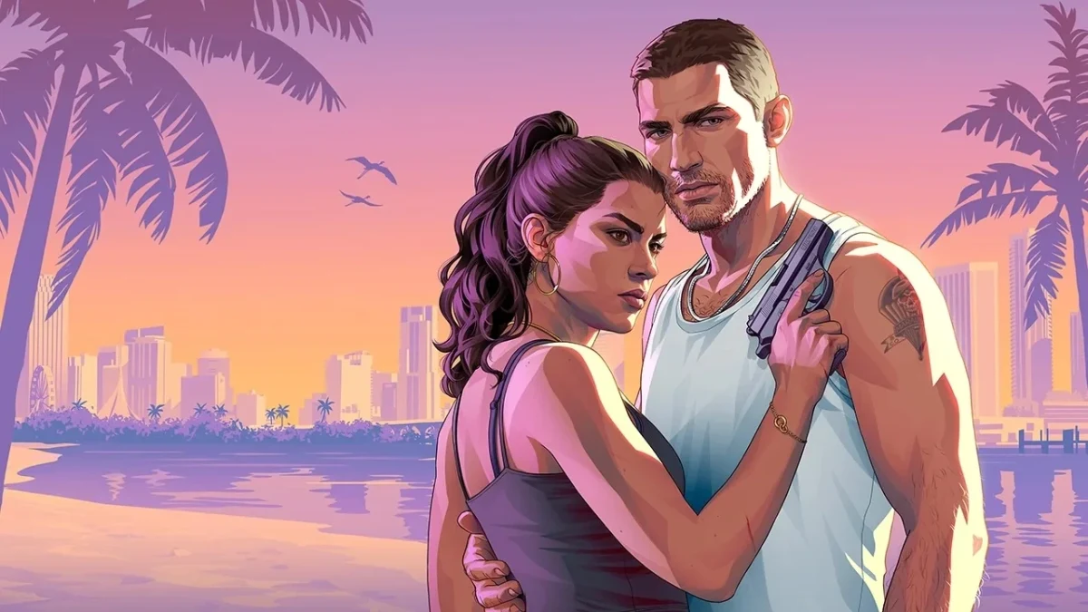 GTA 6 görselinde Jason ve Lucia, palmiye ağaçları ve şehir silüeti önünde yan yana duruyor.