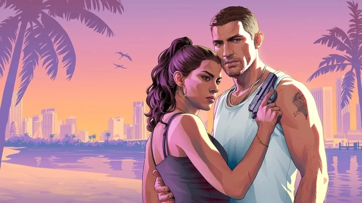 GTA 6 görselinde Jason ve Lucia, palmiye ağaçları ve şehir silüeti önünde yan yana duruyor.