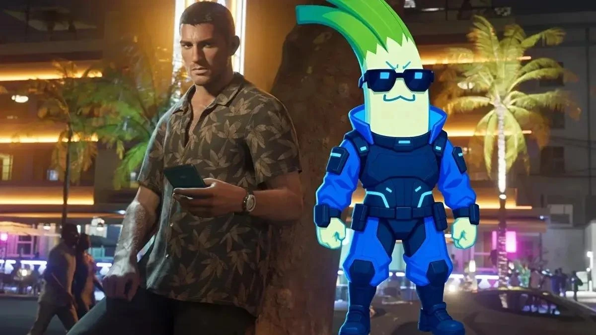 GTA 6 karakterinin yanında mavi kostümlü Cyberleek figürü