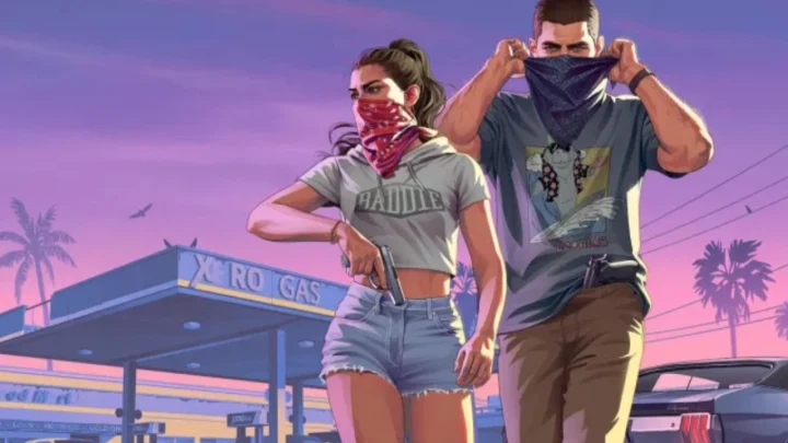 GTA VI görselinde bir benzin istasyonunun önünde yüzlerini bandanayla kapatan iki karakter