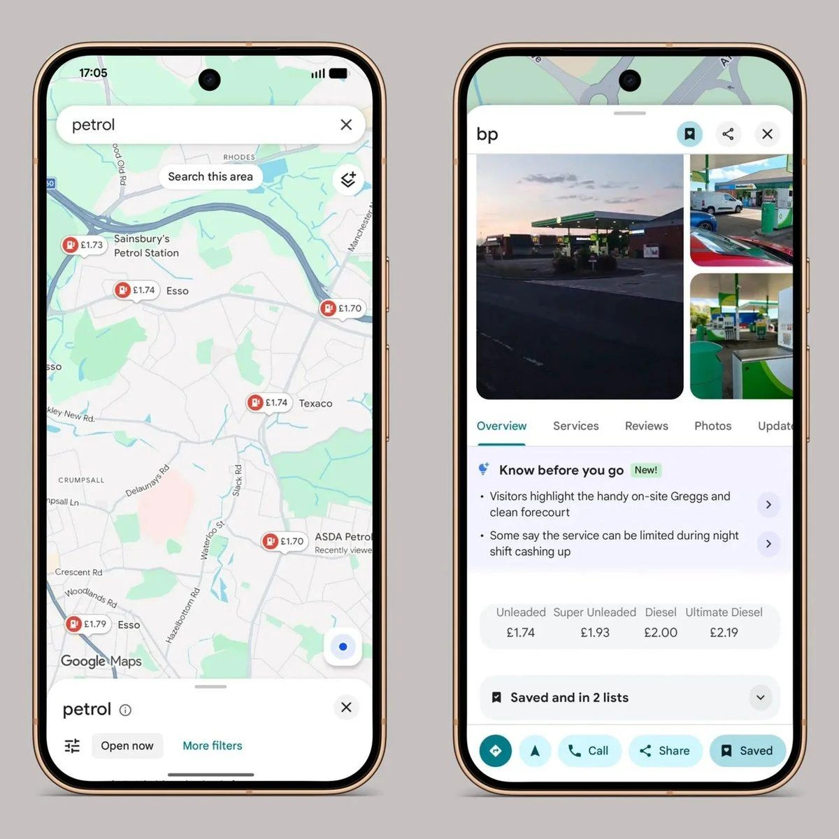 Google Haritalar’da benzin istasyonlarının fiyatlarını gösteren iki telefon ekranı