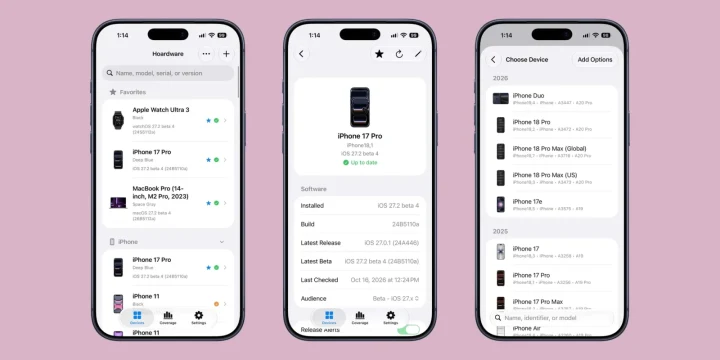 Hoardware uygulamasında Apple cihaz koleksiyonu ve cihaz ayrıntılarının gösterildiği üç iPhone ekranı