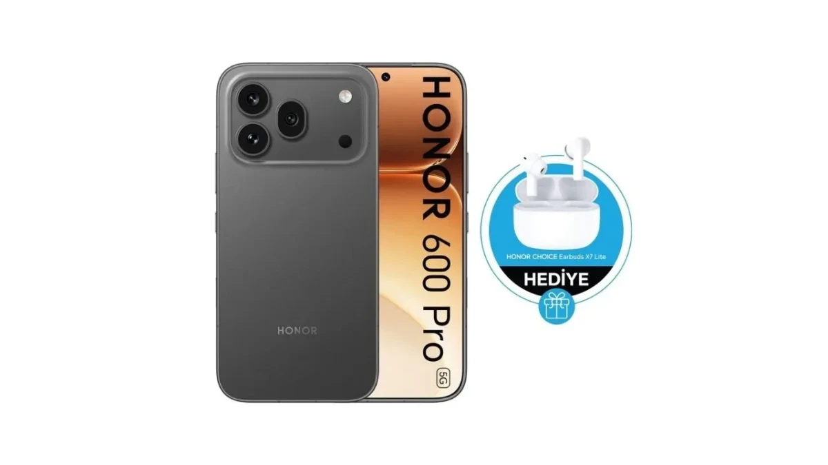 Siyah HONOR 600 Pro telefonun ön ve arka görünümü, yanında kablosuz kulaklık hediyesi görseli