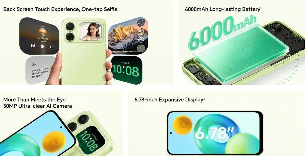 Honor X5ds’nin arka ekran, 6000 mAh pil, 50 MP kamera ve 6,78 inç ana ekran özellikleri