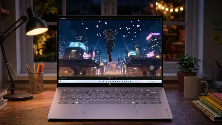 HP OmniBook 5 dizüstü bilgisayar açık halde masada duruyor; ekranda bir oyun görüntüsü bulunuyor.