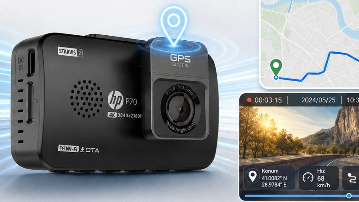 HP P70 araç kamerası; ekranda harita, konum ve sürüş görüntüsü