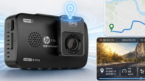 HP P70 araç kamerası; ekranda harita, konum ve sürüş görüntüsü