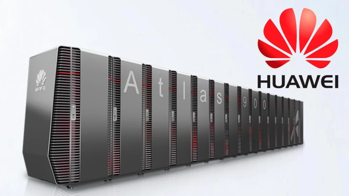 Huawei logosunun yanında sıralanmış sunucu sistemleri