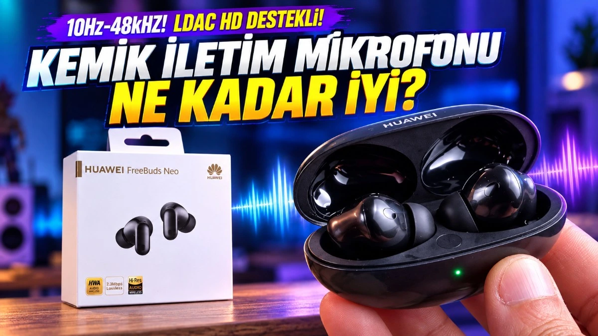 Huawei FreeBuds Neo kulaklık ve ürün kutusunun tanıtım görseli