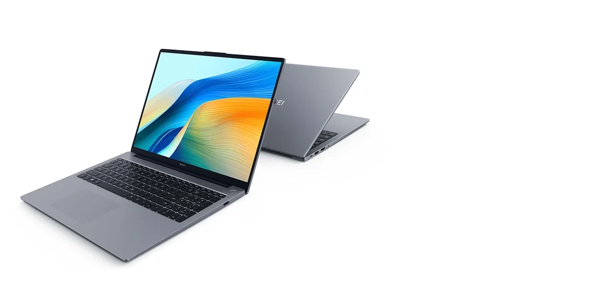 Ön ve arka görünümüyle gri HUAWEI MateBook D 16 dizüstü bilgisayar