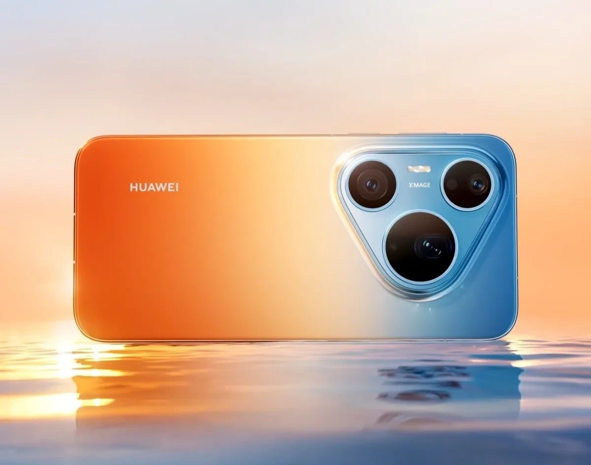 Turuncu ve mavi renk geçişine sahip Huawei telefonun arka yüzü ve üçlü kamera modülü