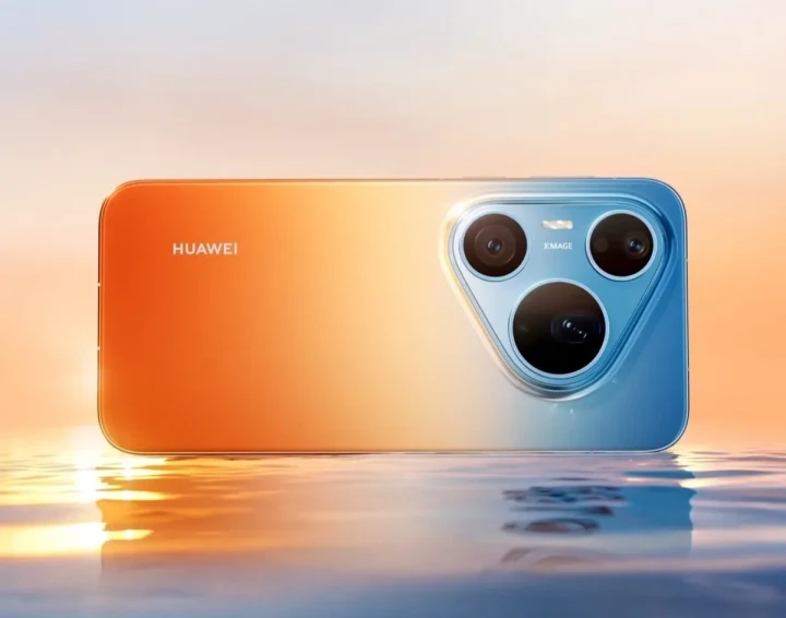 Turuncu ve mavi renk geçişine sahip Huawei telefonun arka yüzü ve üçlü kamera modülü