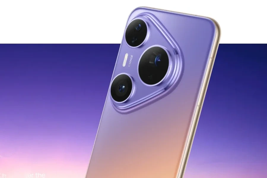 Huawei Pura 90 Plus’ın mor ve altın tonlu arka yüzünde kamera modülü yakın plan