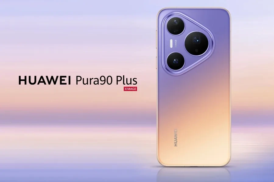 Huawei Pura 90 Plus telefonun mor ve altın tonlu arka yüzü ile kamera sistemi