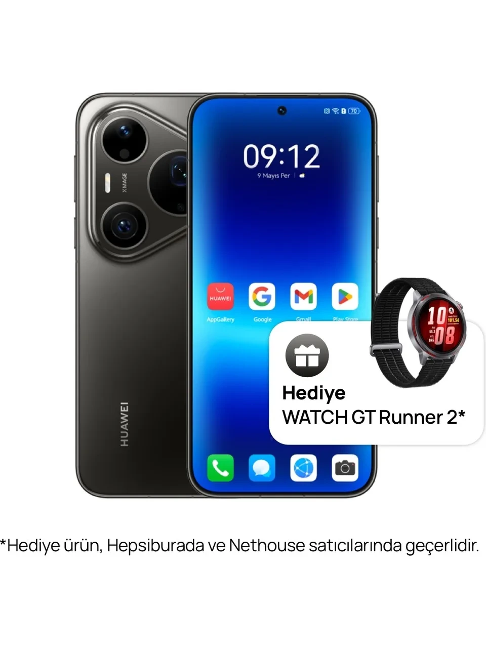 Huawei telefonu ve yanında hediye olarak gösterilen akıllı saat
