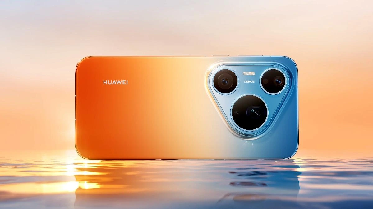 Turuncu ve mavi renk geçişli, üç arka kameralı Huawei telefon