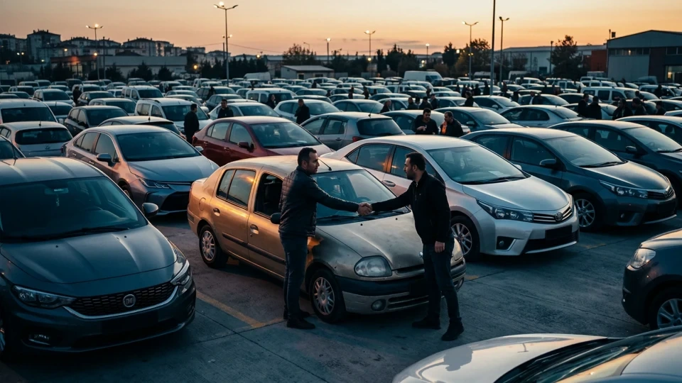 İkinci el otomobil pazarında araçların arasında anahtar alışverişi yapan iki kişi