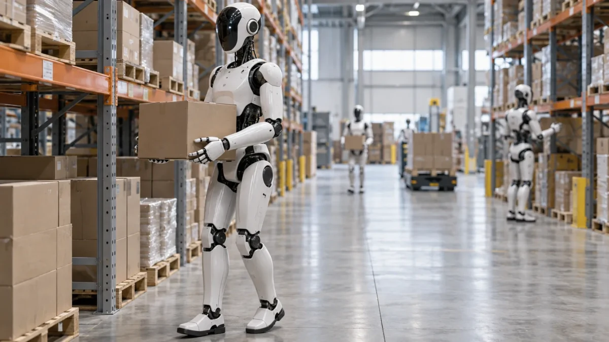Bir depo ortamında kutu taşıyan insansı robotlar