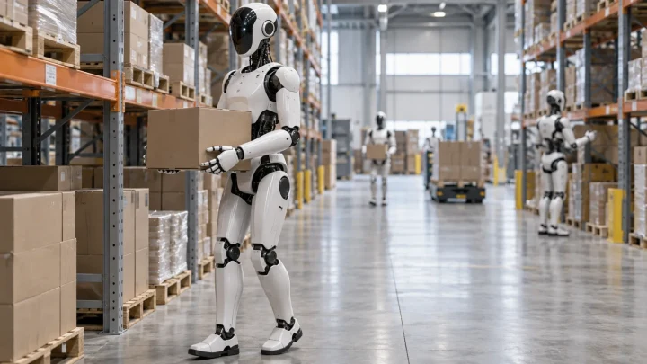Bir depo ortamında kutu taşıyan insansı robotlar