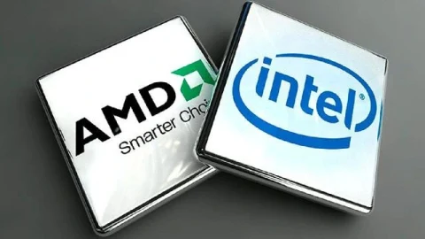 AMD ve Intel logolarının bulunduğu işlemci çipleri