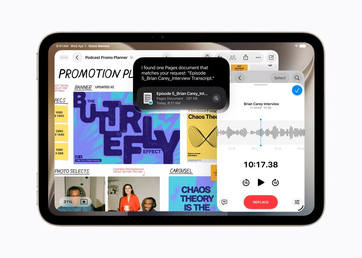 iPad mini ekranında yan yana açık belge ve ses düzenleme pencereleri