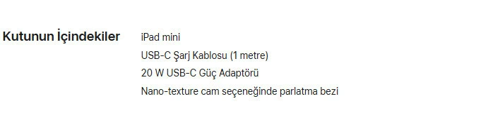 iPad mini kutu içeriği listesinde USB-C kablosu ve 20 W güç adaptörü yazıyor