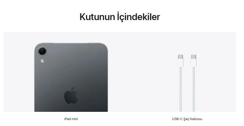 iPad mini ve USB-C şarj kablosunu gösteren kutu içeriği görseli