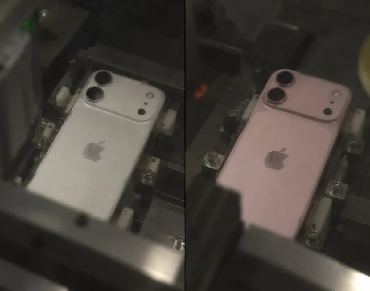 Gümüş ve pembe renkli olduğu görülen iki iPhone benzeri cihazın arka yüzü ve yatay kamera modülü