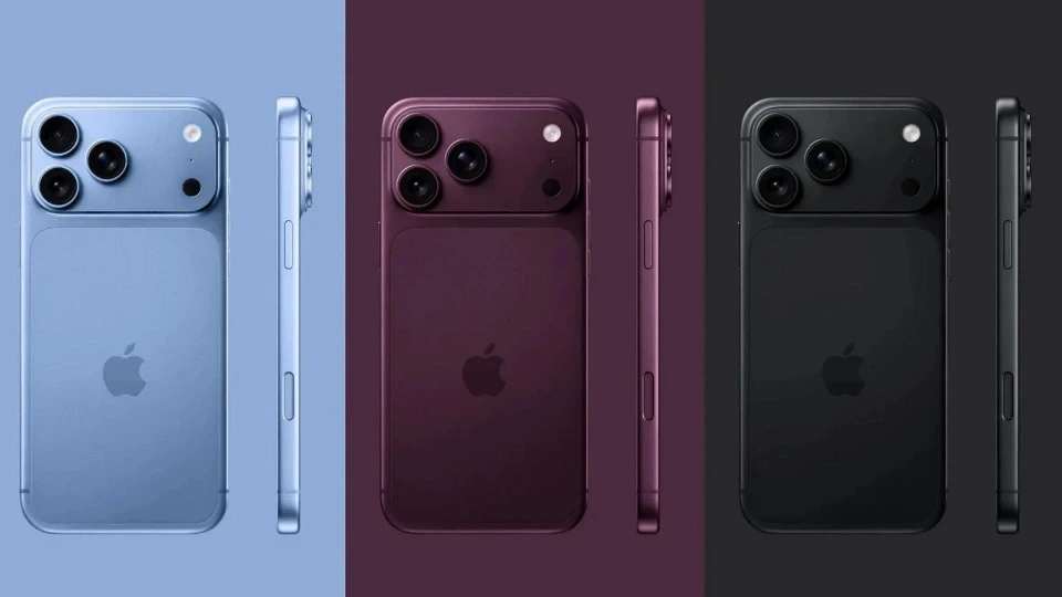 Mavi, mor ve siyah renklerde üç iPhone modelinin arka ve yan yüzleri