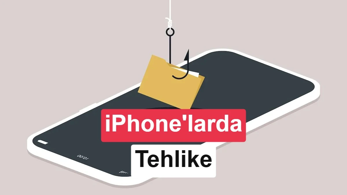 Ekranında tehlike uyarısı bulunan bir iPhone ve telefona yönelen olta kancası illüstrasyonu