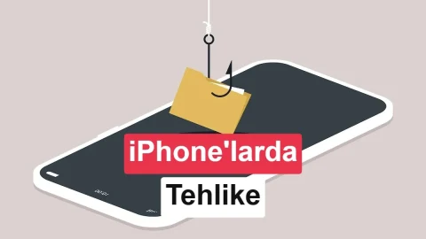 Ekranında tehlike uyarısı bulunan bir iPhone ve telefona yönelen olta kancası illüstrasyonu