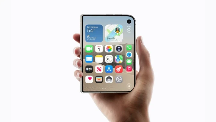 Bir elin tuttuğu, ekranında uygulama simgeleri görünen katlanabilir telefon