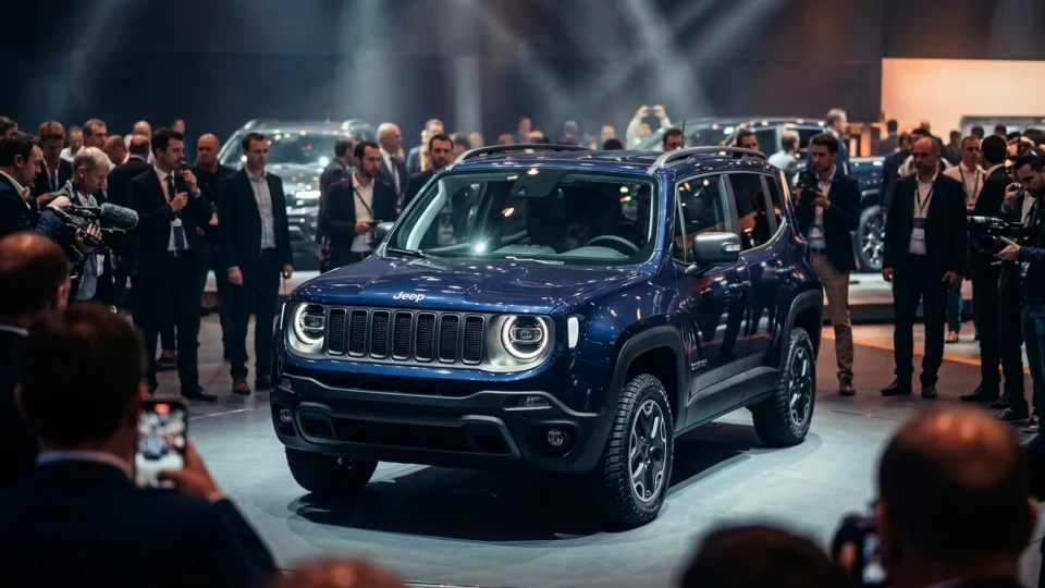 Otomobil fuarında ziyaretçilerin arasında sergilenen mavi Jeep Renegade