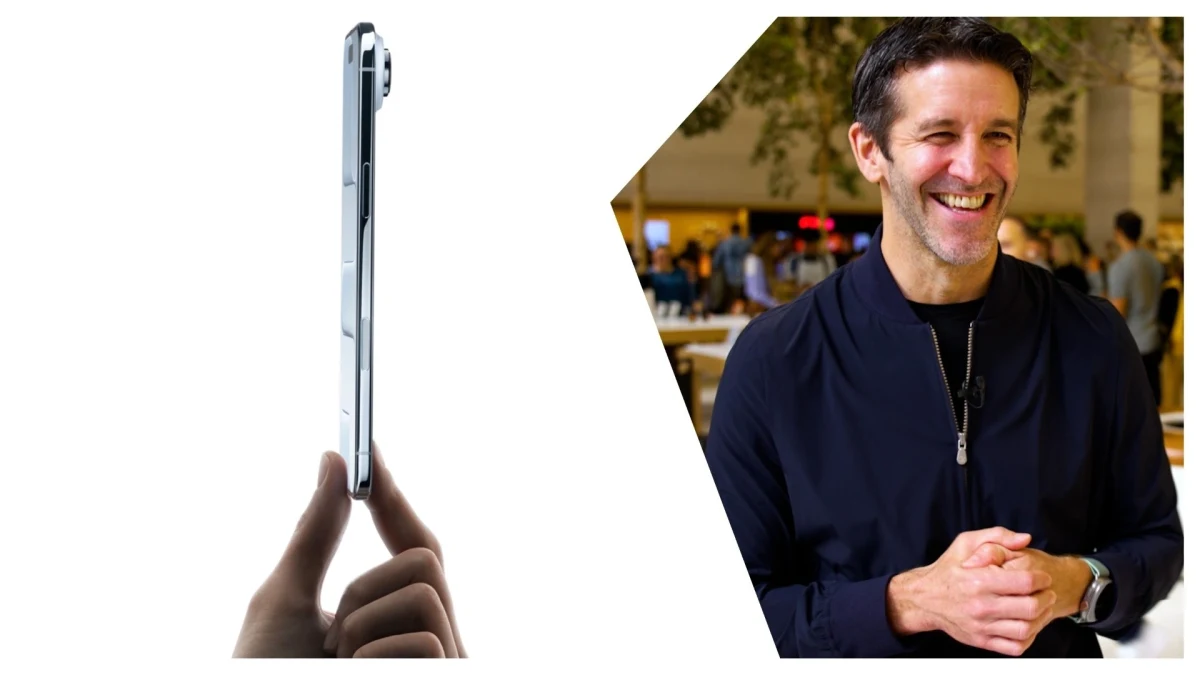 İnce profilli bir telefonun yanında John Ternus’un fotoğrafı