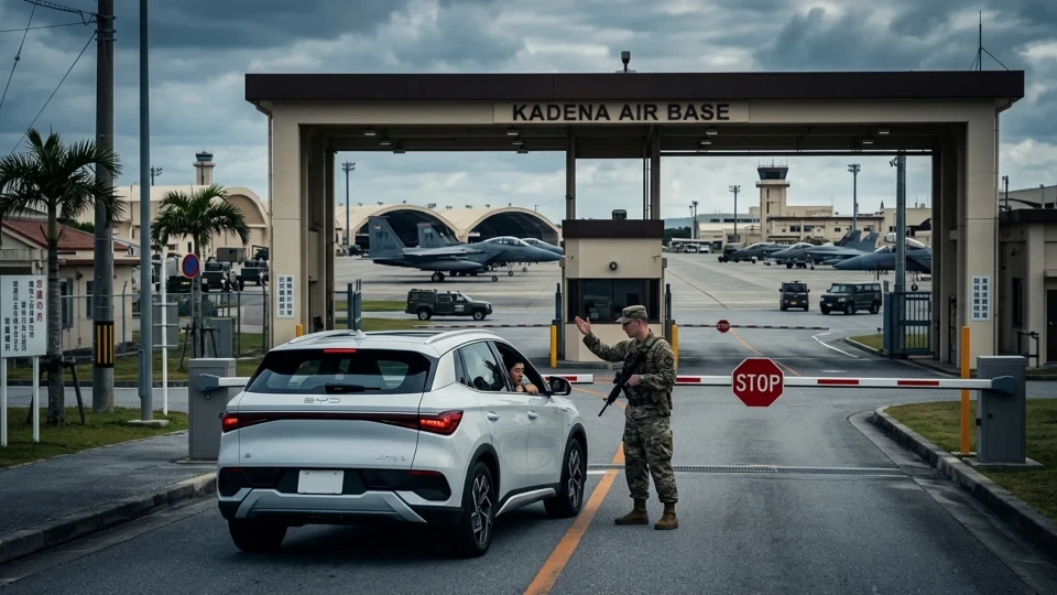 Kadena Hava Üssü girişinde bir asker beyaz elektrikli otomobili kontrol ediyor