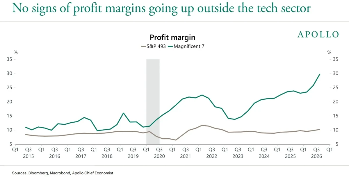 S&P 493 ile Magnificent 7 şirketlerinin kâr marjlarını karşılaştıran Apollo grafiği