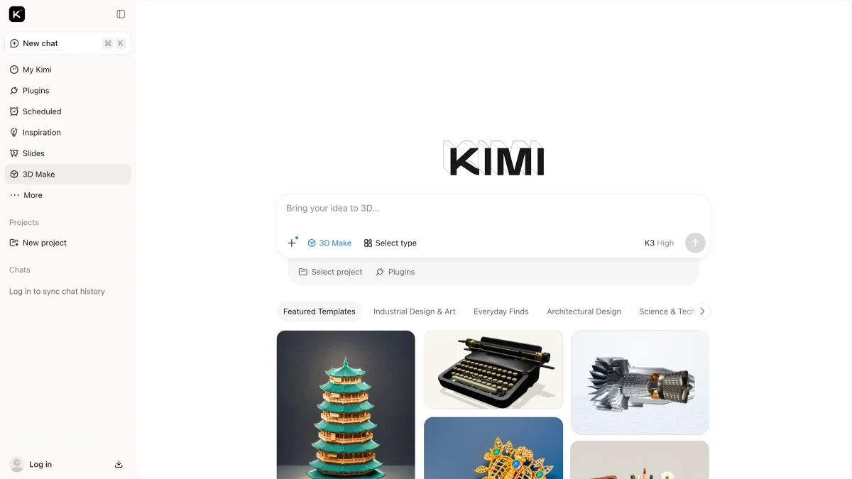 Kimi arayüzünde 3D Make bölümü ve örnek üç boyutlu tasarımlar gösteriliyor