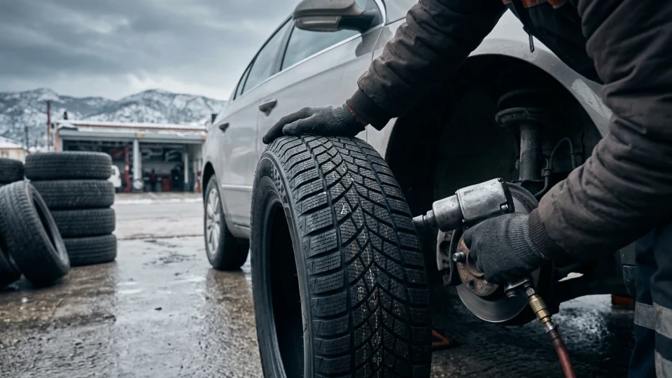 Bir otomobile kış lastiği takan teknisyen