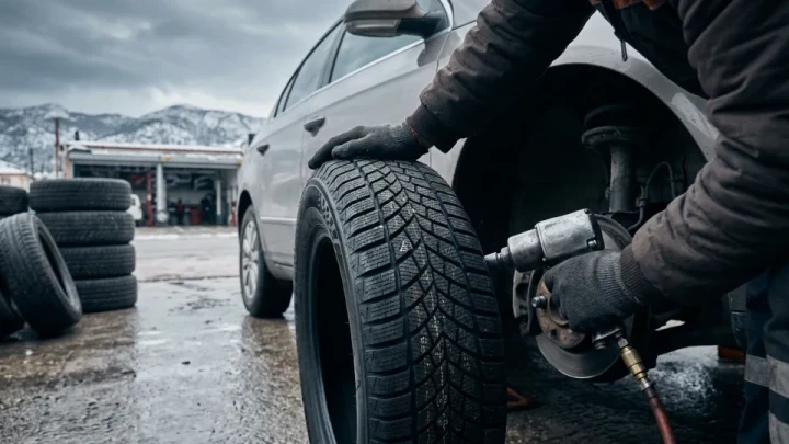 Bir otomobile kış lastiği takan teknisyen