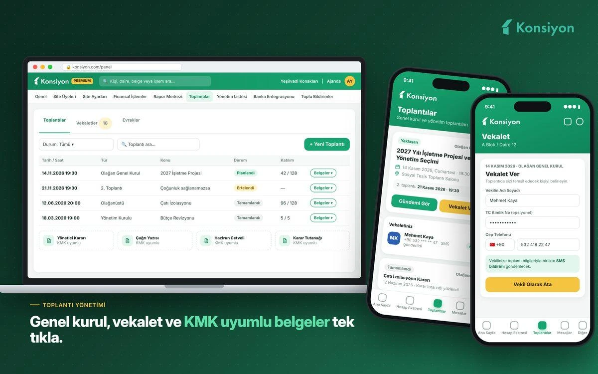 Konsiyon’da toplantı ve vekâlet yönetimi ekranları