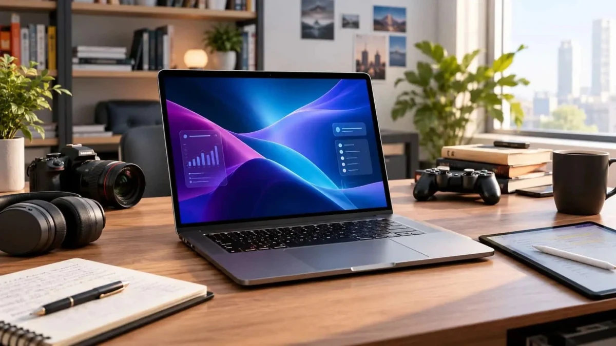 Çalışma masasında açık laptop ve çevresinde fotoğraf makineleri ile aksesuarlar