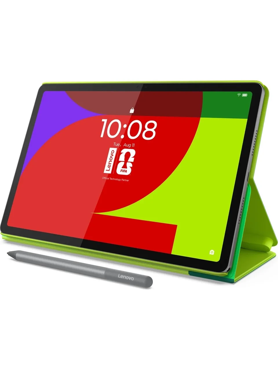 Yeşil kılıflı Lenovo tablete eşlik eden kalem