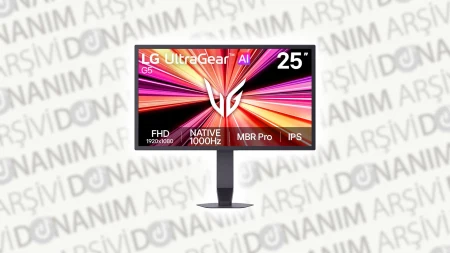 LG UltraGear AI 25G590B oyuncu monitörü, ekranında renkli ışık çizgileriyle gösteriliyor.