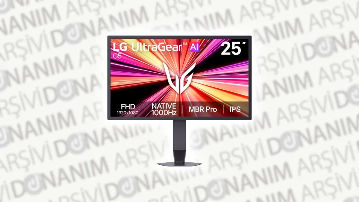 LG UltraGear AI 25G590B oyuncu monitörü, ekranında renkli ışık çizgileriyle gösteriliyor.