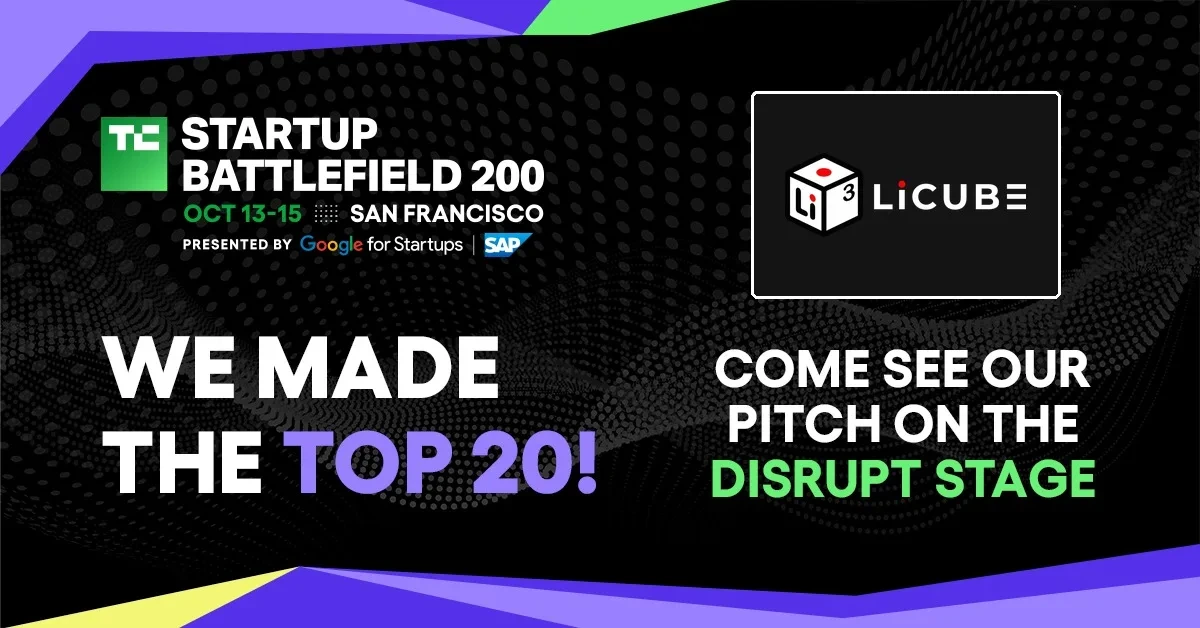 Licube logosu ve TechCrunch Disrupt sahnesinde ilk 20’ye seçildiğini duyuran Startup Battlefield görseli